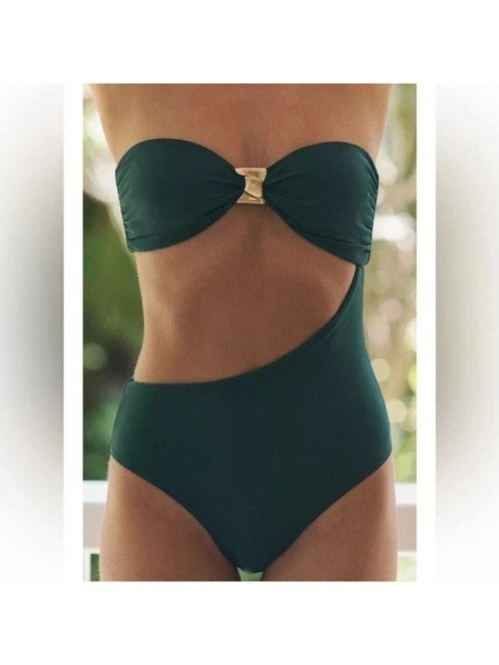 Zara Womens Strapless Swimsuit Large Dark Green Cut Out One Piece 0167/011 NWT